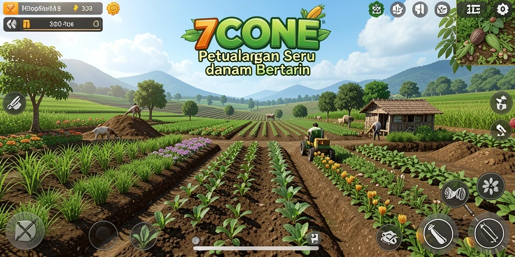 Tampilan gameplay 7CONE yang menarik dan interaktif saat bertani.