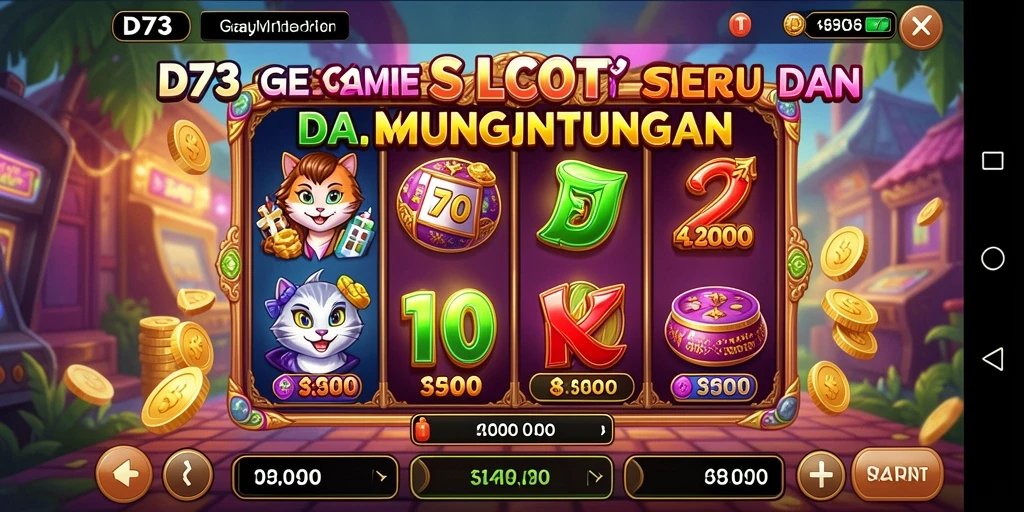 Tampilan gameplay D73 yang menawan dengan simbol Slot berwarna-warni.