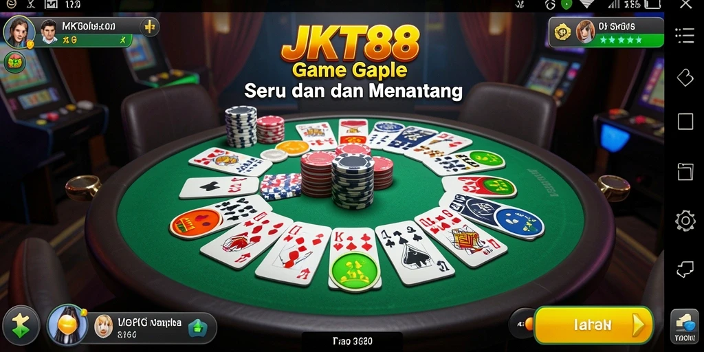 Screenshot utama JKT88 menampilkan gameplay Gaple yang seru dan interaktif.