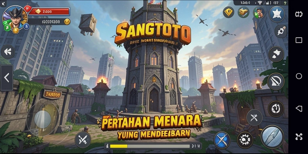 Screenshot gameplay SANGTOTO dengan menara yang siap bertahan.