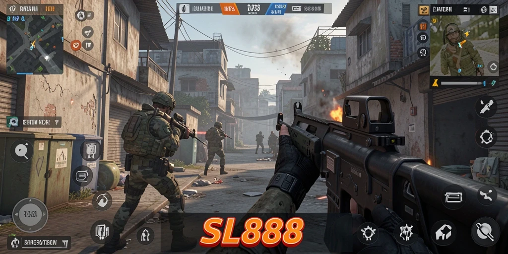 Screenshot gameplay SL888 menampilkan aksi menembak yang intens dan mendebarkan.